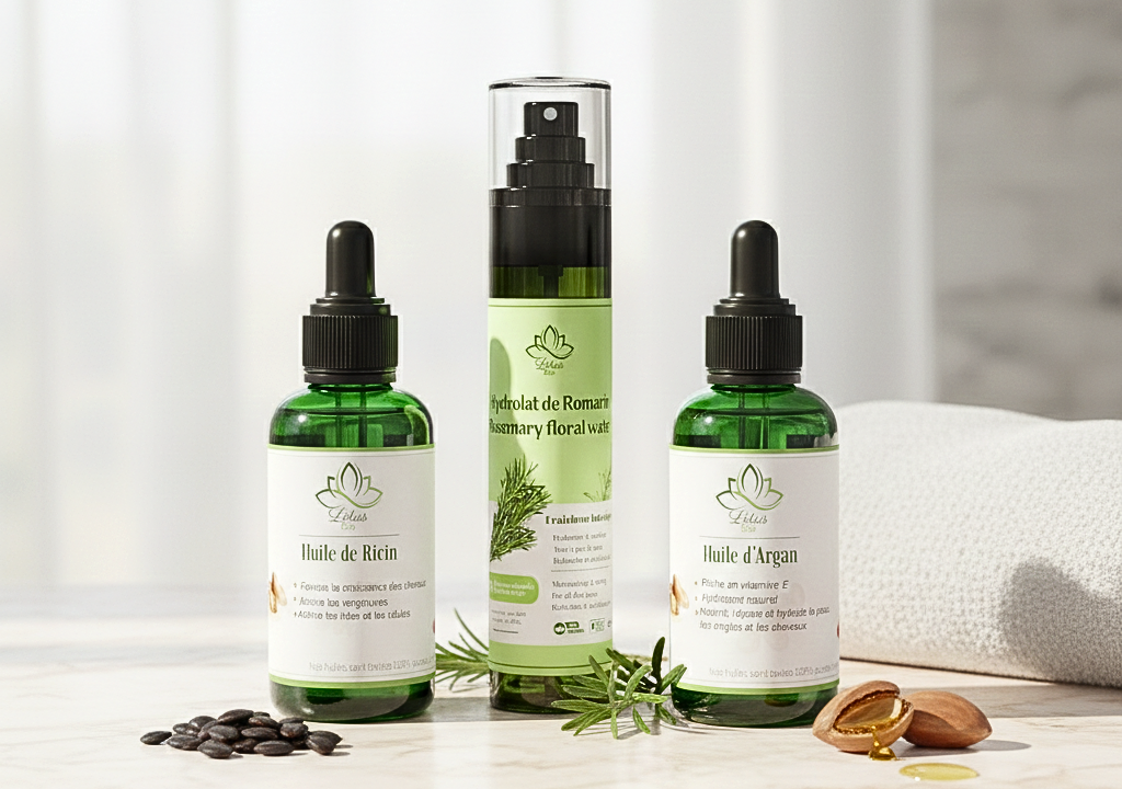 HYDROLAT ROMARIN HUILE RICIN HUILE ARGAN BIO MAROC AROMATHERAPIE