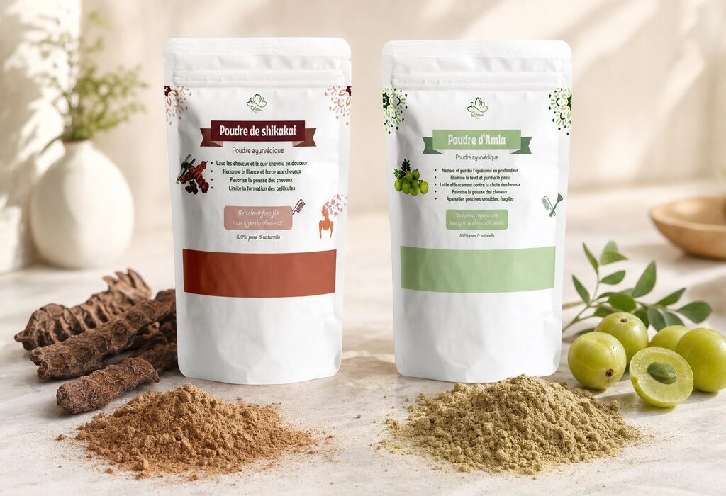 Poudre de Shikakai et Poudre d’Amla de Lotus Bio sur un plan de marbre clair, avec leurs matières premières autour, en lumière naturelle douce, amla et shikakai