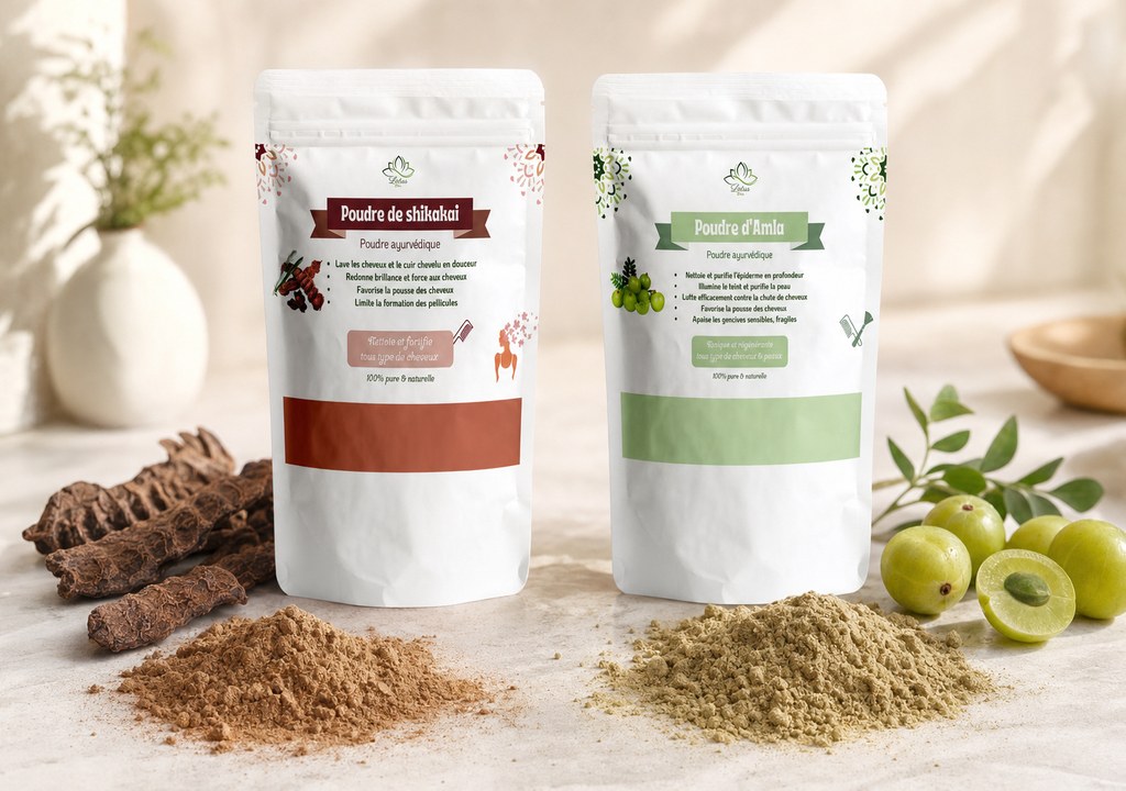 Poudre de Shikakai et Poudre d’Amla de Lotus Bio sur un plan de marbre clair, avec leurs matières premières autour, en lumière naturelle douce, amla et shikakai