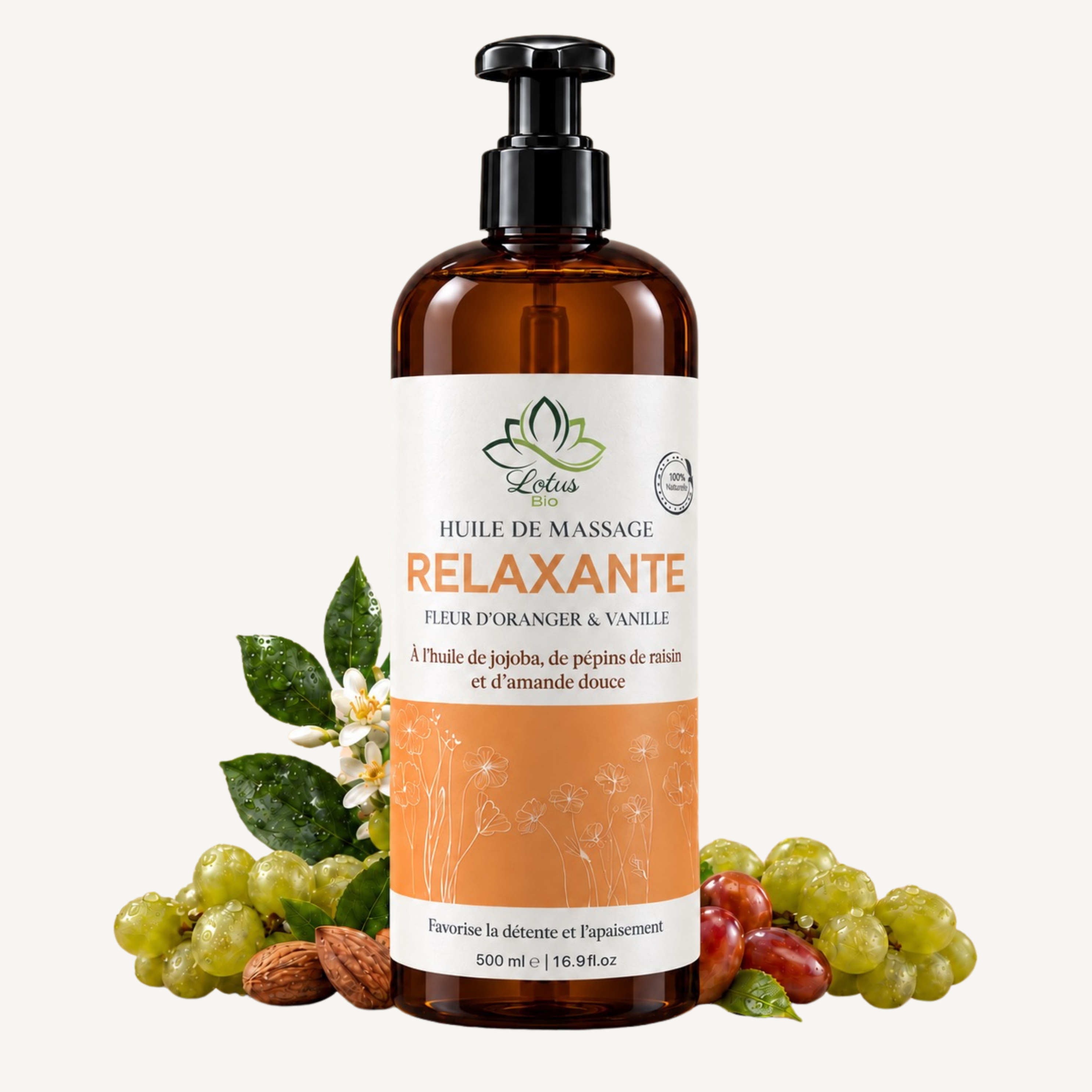 huile de massage relaxante 100% naturelle vanille et fleur d'oranger neroli maroc bio