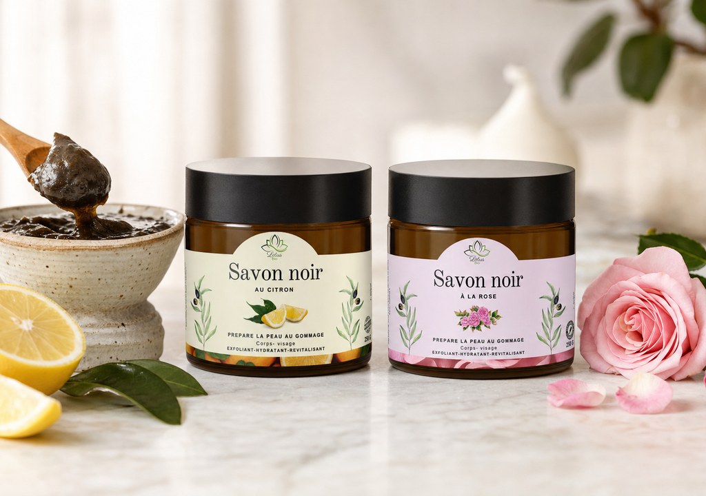 Savon noir marocain artisanal Lotus Bio pour gommage hammam