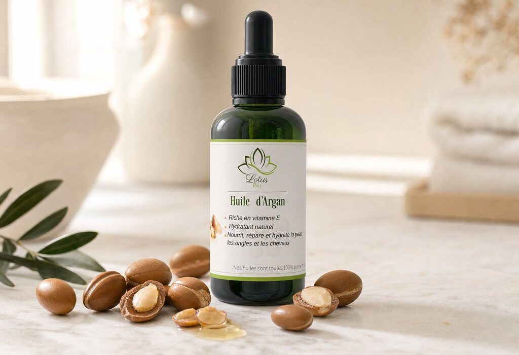 Huile d'argan de Lotus Bio sur un plan de marbre clair, avec sa matière première autour, en lumière naturelle douce