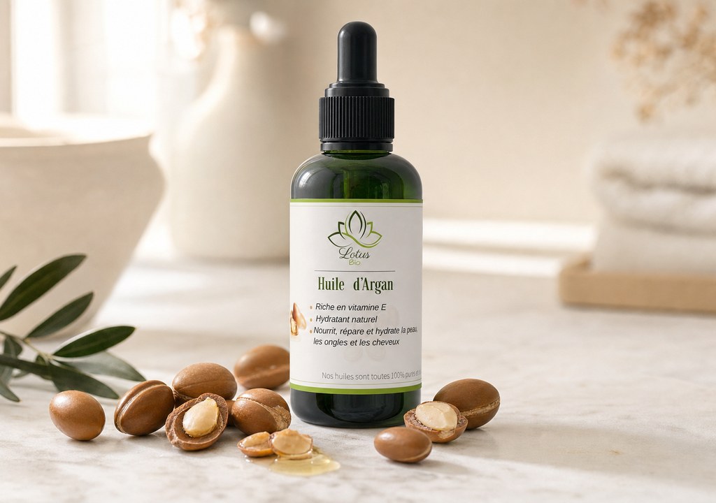 Huile d'argan de Lotus Bio sur un plan de marbre clair, avec sa matière première autour, en lumière naturelle douce