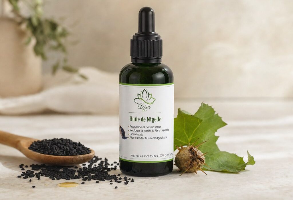 Huile de Nigelle de Lotus Bio sur un plan de marbre clair, avec sa matière première autour, en lumière naturelle douce