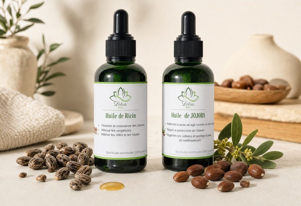 Huile de Ricin et Huile de Jojoba de Lotus Bio sur un plan de marbre clair, avec leurs matières premières autour, en lumière naturelle douce