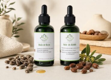 Huile de Ricin et Huile de Jojoba de Lotus Bio sur un plan de marbre clair, avec leurs matières premières autour, en lumière naturelle douce