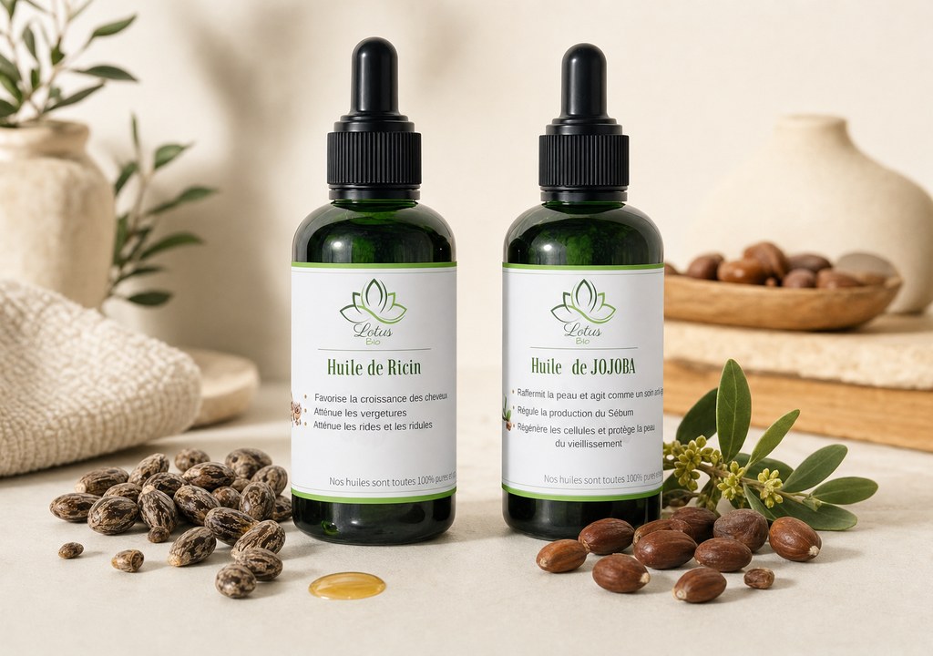 Huile de Ricin et Huile de Jojoba de Lotus Bio sur un plan de marbre clair, avec leurs matières premières autour, en lumière naturelle douce