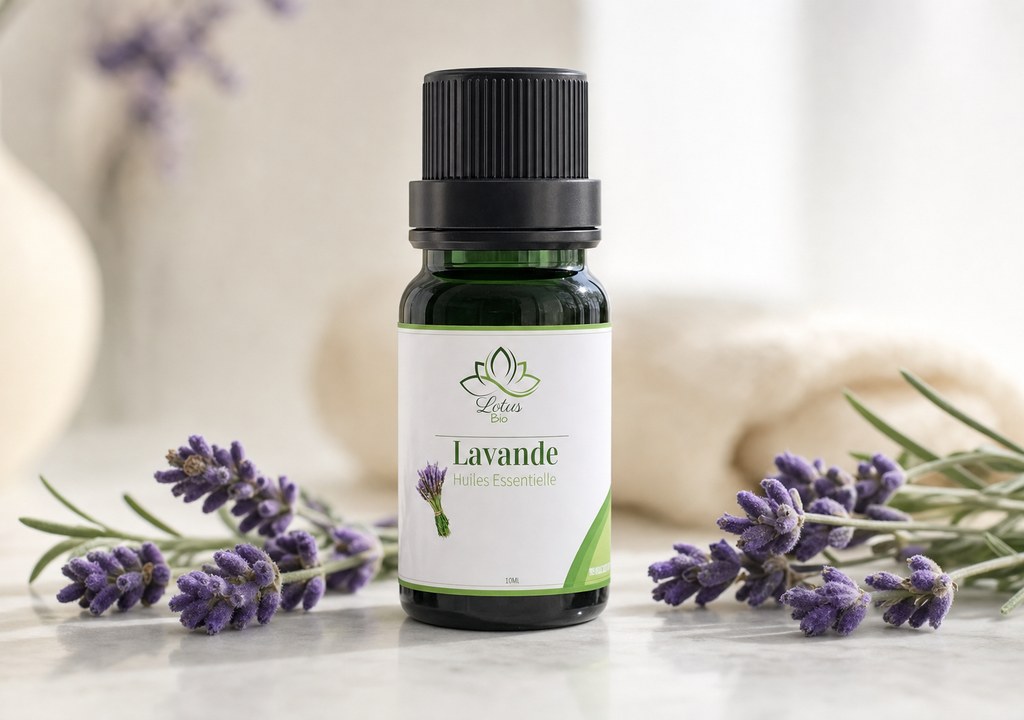 Huile essentielle de Lavande de Lotus Bio sur un plan de marbre clair, avec sa matière première autour, en lumière naturelle douce