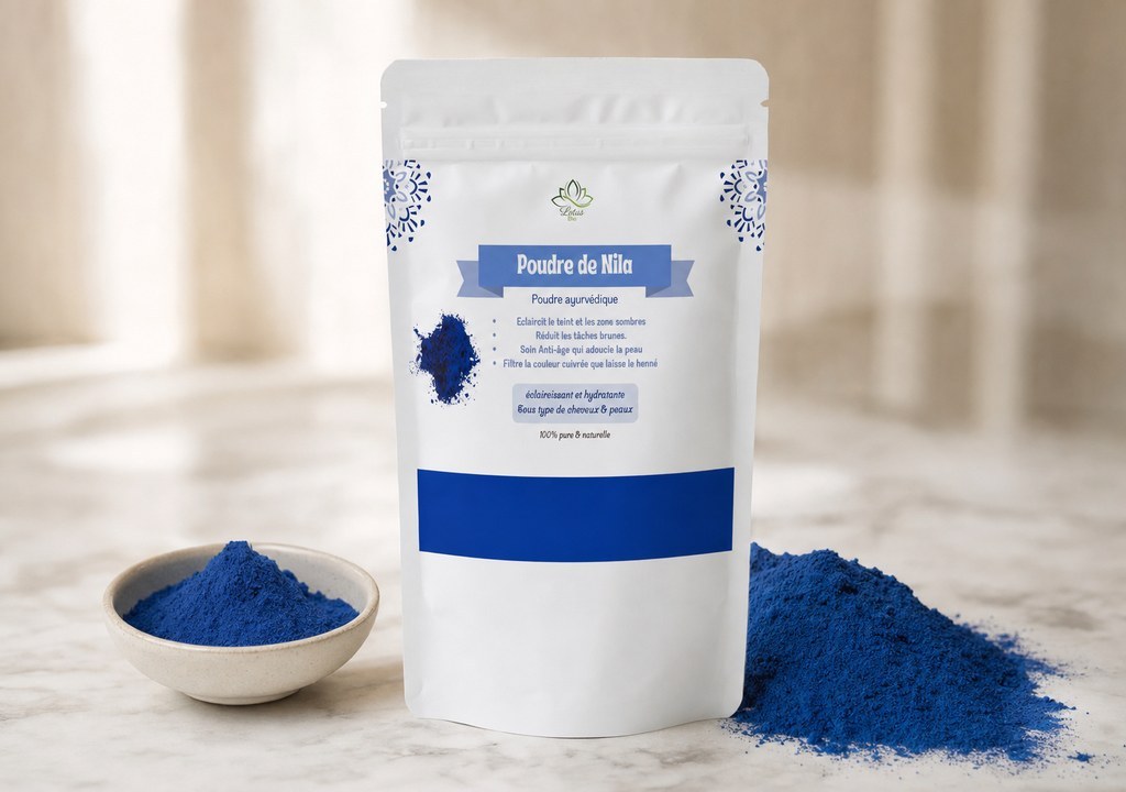 Poudre de Nila de Lotus Bio sur un plan de marbre clair, avec sa matière première autour, en lumière naturelle douce