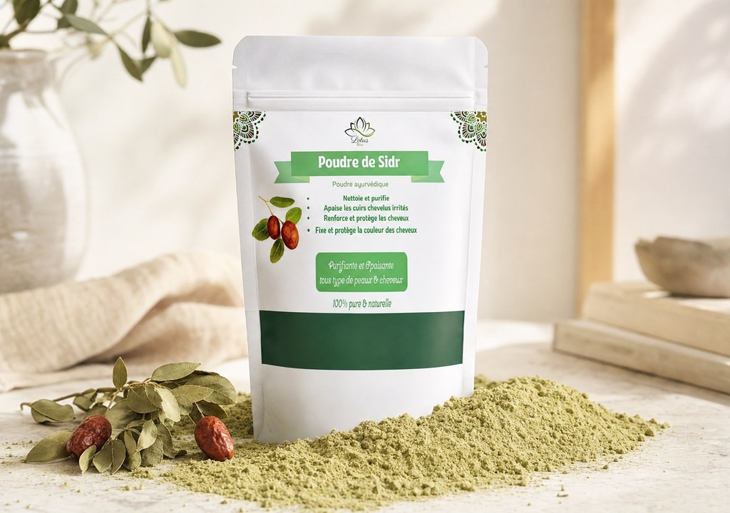 Poudre de Sidr de Lotus Bio sur un plan de marbre clair, avec sa matière première autour, en lumière naturelle douce