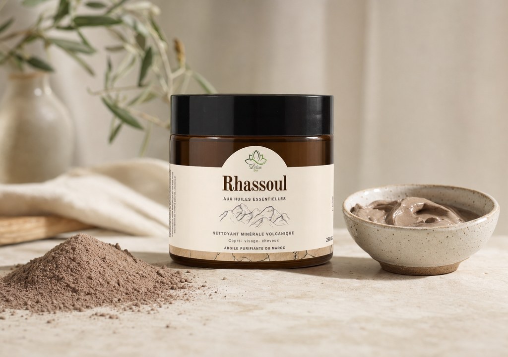 Rhassoul en poudre aux huiles essentielles de Lotus Bio sur un plan de marbre clair, avec sa matière première autour, en lumière naturelle, rhassoul bienfaits